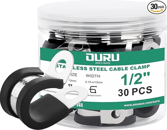 1/2-Inch Stainless Steel Rubber Coated Pipe & Wire Clamps (30pcs, Black, 13mm)