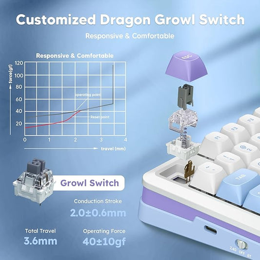 Redragon K681 Wireless Mechanical Keyboard, Gasket Mounted RGB Gaming Keyboard with Volume Knob, MDA-Profile, Pre-Lubed Linear Switches, 81 Keys 75％ Tri-Mode Hot Swappable for PC/Xbox/Ps (Periwinkle)