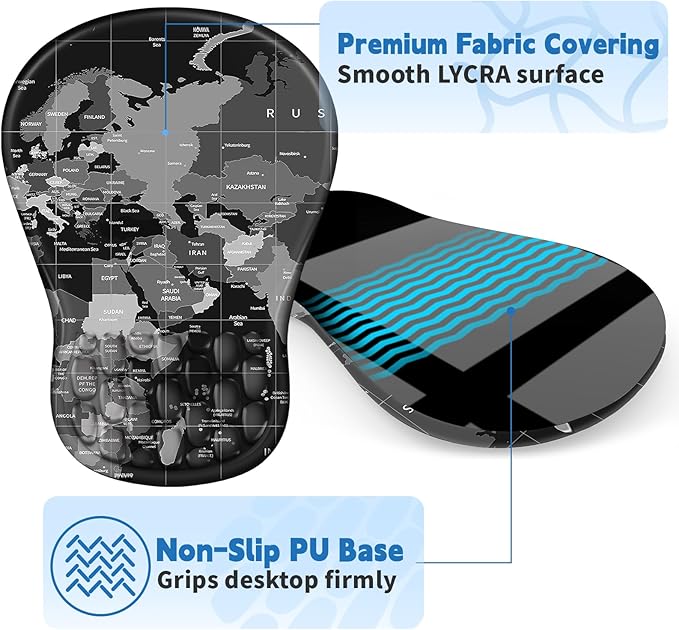 Ergonomic Mouse Pad with Wrist Rest Support, Mousepad with Comfortable Memory Foam Wrist Rest and Non-Slip PU Base for Pain Relief, Computer, Laptop, Office, Home (World Map)