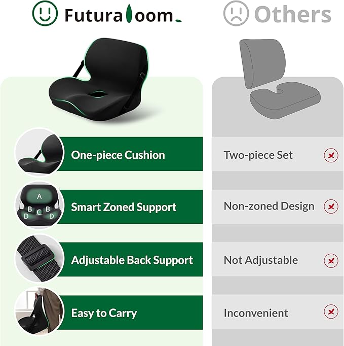 Memory Foam L-Shaped Seat Cushion with Lumbar Support & Adjustable Strap - Tailbone Pain Relief for Office Chair, Car, Home - Non-Slip Bottom, Breathable Mesh Cover (Black)