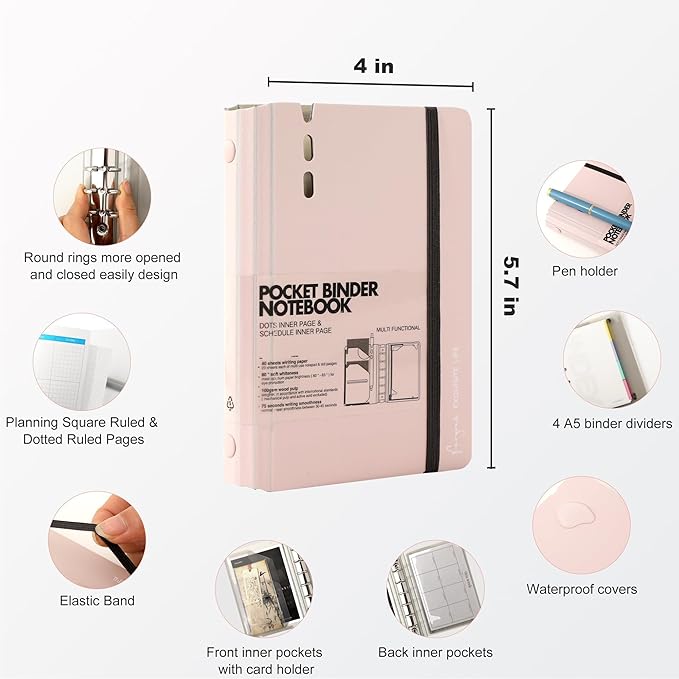 CAGIE A7 Binder 6 Ring Notebook with Dividers Refillable Planner Binder with Pockets, Refill Paper Include Planning Square Ruled and Dotted Pages, 4.13 x 5.71 In, (Light Pink, A7 Hourly&Dot Page)