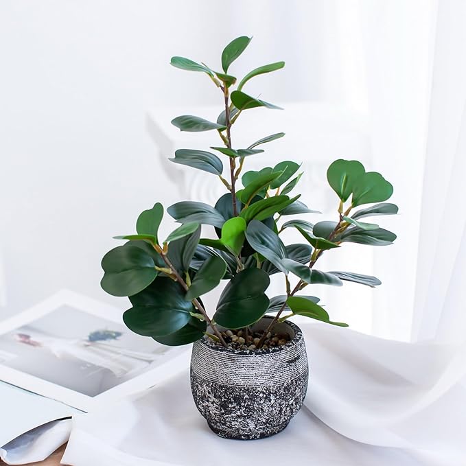 15" Fake Plants in Rustic Black Vase Real Looking and Touching Evergreen Ficus Leaf Faux Plant Indoor for Book Shelf Bathroom Office Desk Kitchen Counter Bedroom Small Space Artificial Plant Decor