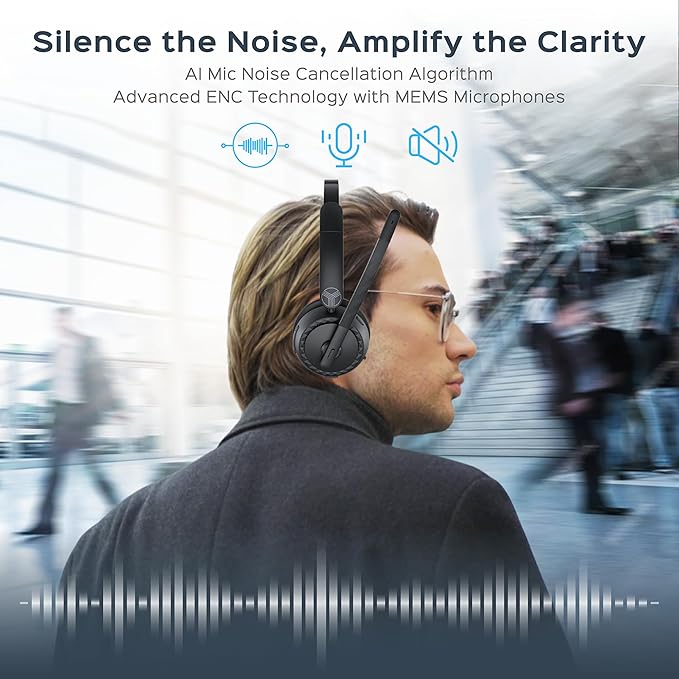 TREBLAB C7-Pro Wireless Bluetooth Headset, 45H Playtime, Bluetooth 5.3, 40mm Drivers, Type-C Fast Charging, IPX4 Waterproof, Wireless Headset with Mic for Work, Home Office, Calls, Laptop, PC