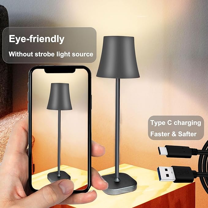 Cordless Table Lamps for Living Room:72 Hours Rechargeable Battery Operated Table Lamp: Dimmable Touch Desk Lamp: Portable Modern Industrial Bedside Table Lamps Set of 2 (Dark Grey)