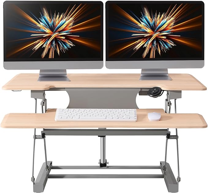 46" Electric Standing Desk Converter, Dyropcurv Series Height Adjustable Computer Desk Ergonomic Home Office Desk for Adults, Sit to Stand Desk with Quiet Motor, Light Wood