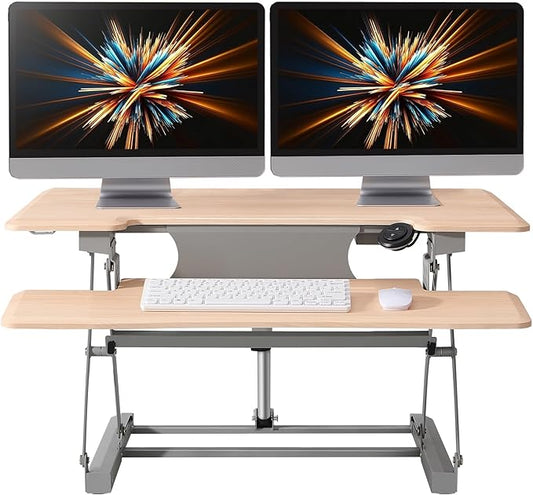 46" Electric Standing Desk Converter, Dyropcurv Series Height Adjustable Computer Desk Ergonomic Home Office Desk for Adults, Sit to Stand Desk with Quiet Motor, Light Wood