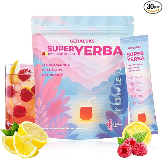 Super Yerba Instant Powder Packets | Raspberry Lemonade Flavor | 30 Servings for Sustained Energy, Mental Focus & Gut Health | Natural Mate Tea with Prebiotics & Probiotics | Non-GMO