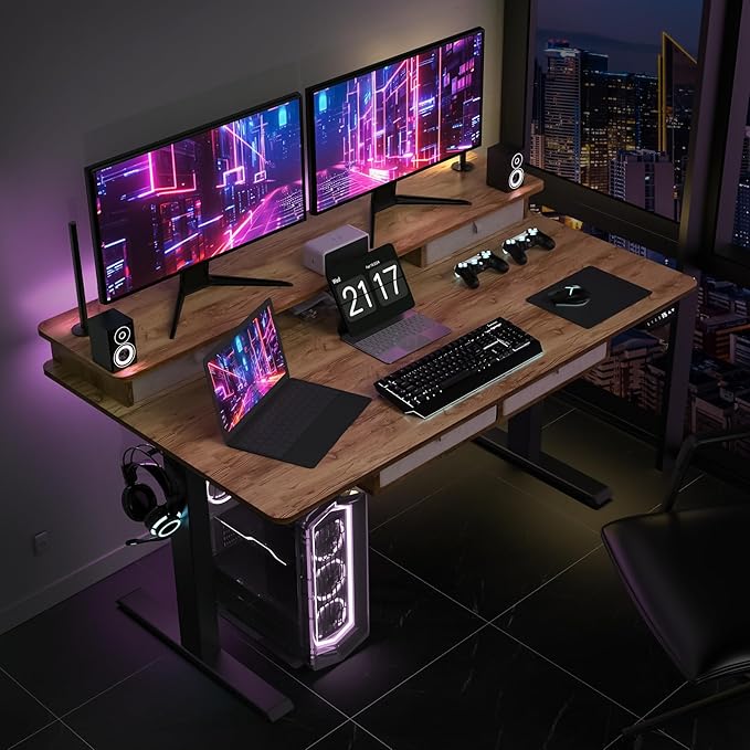 63 * 30 Inches Electric Standing Desk Adjustable Height with 4 Drawers, Double Storage Shelves, Home Office Workstation Sit Stand up Desk (Light Rustic Brown)