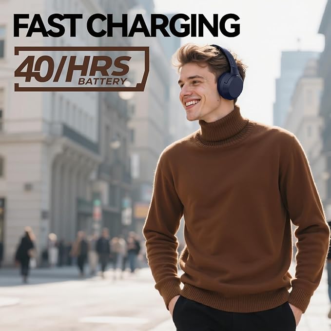 Hybrid Active Noise Cancelling Headphones, Wireless Over Ear Bluetooth Headphones with Mic, 40H Playtime, Hi-Res Audio, Deep Bass, Foldable Comfort Fit Ear Cups for Travel, Office, Home (Blue)