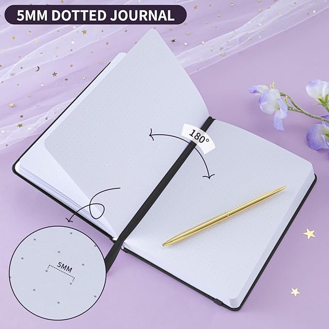 Dot Grid Journal with 160GSM Thick Paper, 192 Pages, A5 Dotted Notebook for Work, School, Travel | 180° Lay Flat, Foil Stamped Cover, Elastic Band, 2 Bookmarks & Inner Pocket (Black)
