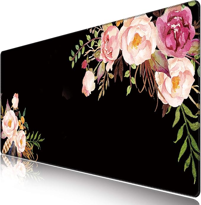 iCasso Extended Gaming Mouse Pad (35.4x15.7 in), Large Non-Slip Rubber Base Mousepad with Stitched Edges, Waterproof Keyboard Mouse Mat Desk Pad for Work, Game, Office, Home -Flower