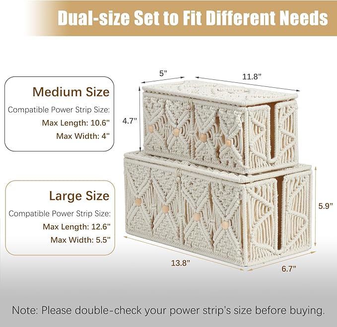 2PCS Cable Management Boxes Handmade Macrame Cord Storage Organizer Power Strips Outlet Router TV Wire Hider Cover Under Desk Natural Cotton Rope Woven Box with Lid (1 Large 1 Medium)