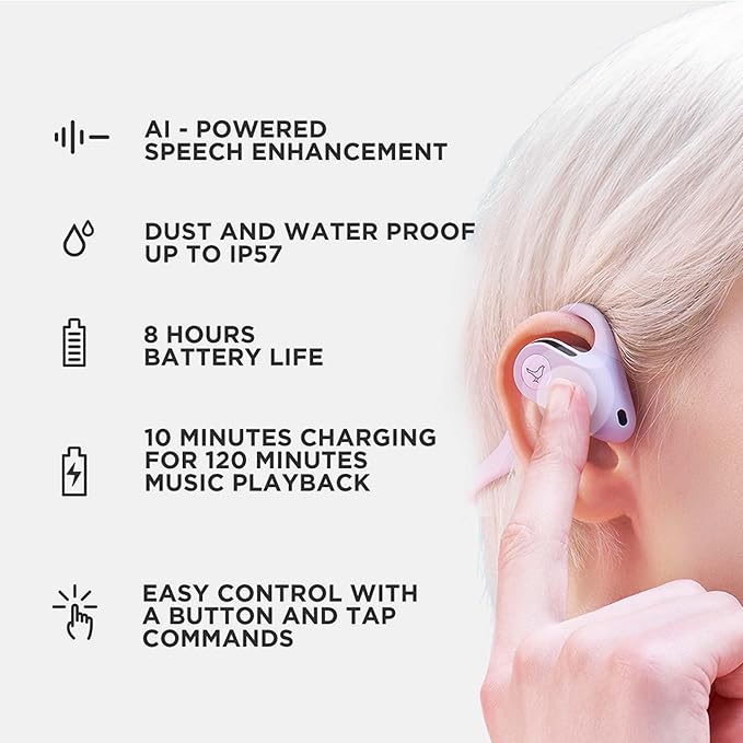 Libratone UP Open Ear Bluetooth Headphones, Weight only 23.5g, dust and Water Resistant, up to 8 Hours of Battery Life, Premium Sound for Workouts and Sports, Dual-mic AI Clear Calls (Purple)