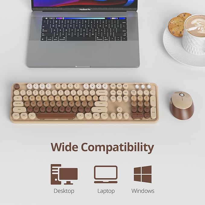 GTSP Retro Wireless Typewriter Keyboard and Mouse Combo, 2.4GHz Full-Size Cute Office Computer Keyboard with Round Keycaps for Desktop Laptop and PC (Colorful Brown)
