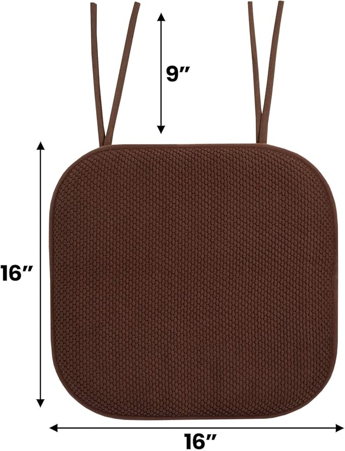 Sweet Home Collection Chair Cushion Memory Foam Pads with Ties Honeycomb Pattern Slip Non Skid Rubber Back Rounded Square 16" x 16" Seat Cover, 12 Pack, Chocolate Brown 12 Pack