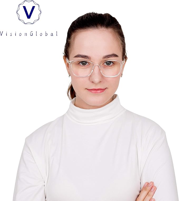 VisionGlobal Blue Light Blocking Glasses for Women, Anti Eyestrain, Computer Reading, TV Glasses, Stylish Square Frame, Anti Glare(Clear,4.75 Magnification)