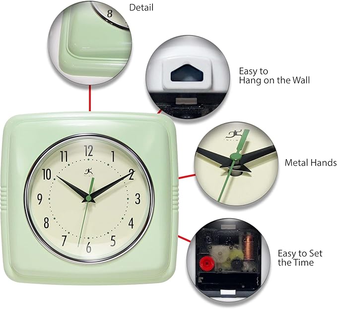 Infinity Instruments Retro Wall Clock – 9-Inch Square Silent Non-Ticking Mid-Century Modern Clock – Vintage Decorative Wall Clock for Kitchen, Office, or Diner – Meadow Mist