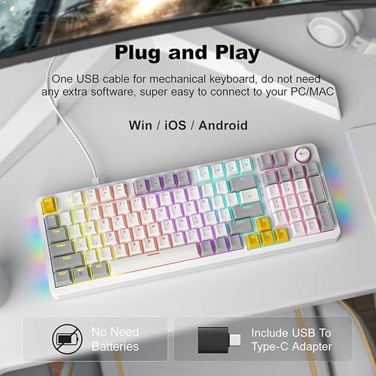 GEEZER AK96 Mechanical Gaming Keyboard - Pre-Lubed Red Switches, 96 Keys Full Size with LED Colorful Backlit, Clicky Creamy Sound, USB Wired Computer Keyboard with Volume Knob for PC, Mac, Windows