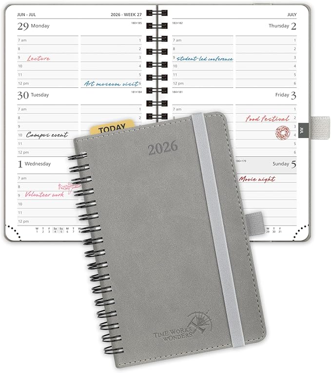 POPRUN Pocket 2026 Planner (Small Size- 4'' x 6.25'') Weekly and Monthly for Purse - Calendar 2026 (Jan. 2026 - Dec.2026) with Soft Cover, Plastic Ruler TJ-26-WELA6-GY - Grey