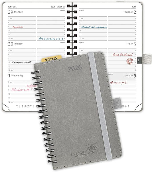 POPRUN Pocket 2026 Planner (Small Size- 4'' x 6.25'') Weekly and Monthly for Purse - Calendar 2026 (Jan. 2026 - Dec.2026) with Soft Cover, Plastic Ruler TJ-26-WELA6-GY - Grey