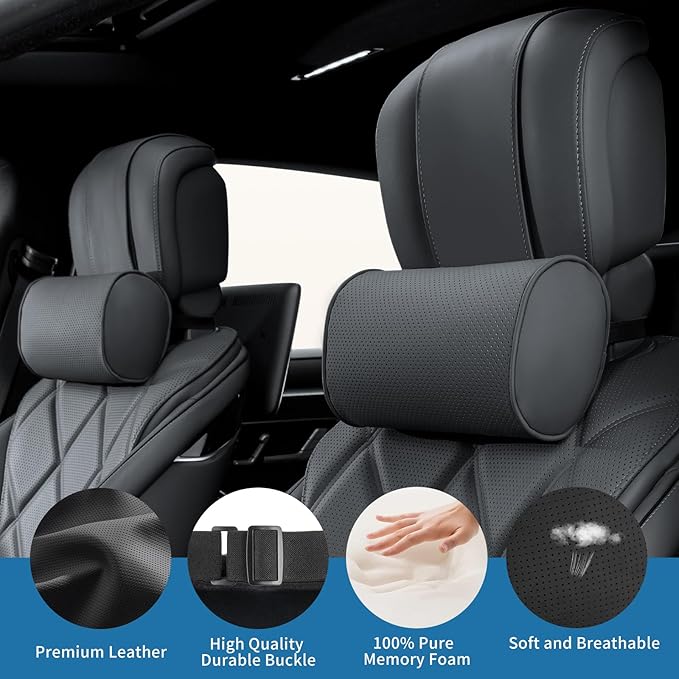 Car Headrest Pillow for Driving - Luxury Leather 100% Memory Foam, Ergonomic Neck Support - Universal Fit Head Rest Travel Pillow for Most Cars, Home & Office, Black, 2 Pack