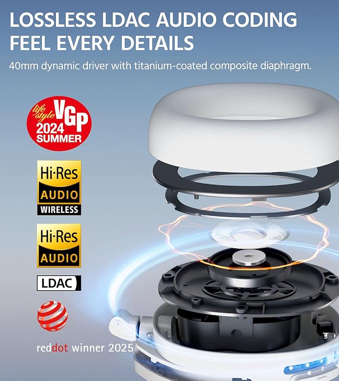 Edifier W830NB Wireless Over Ear Headphones with -45dB Active Noise Cancelling, 94H Playtime, LDAC Hi-Res Sound, Spatial Audio, Fast Charging, Multipoint Connection, Bluetooth V5.4 - Gray