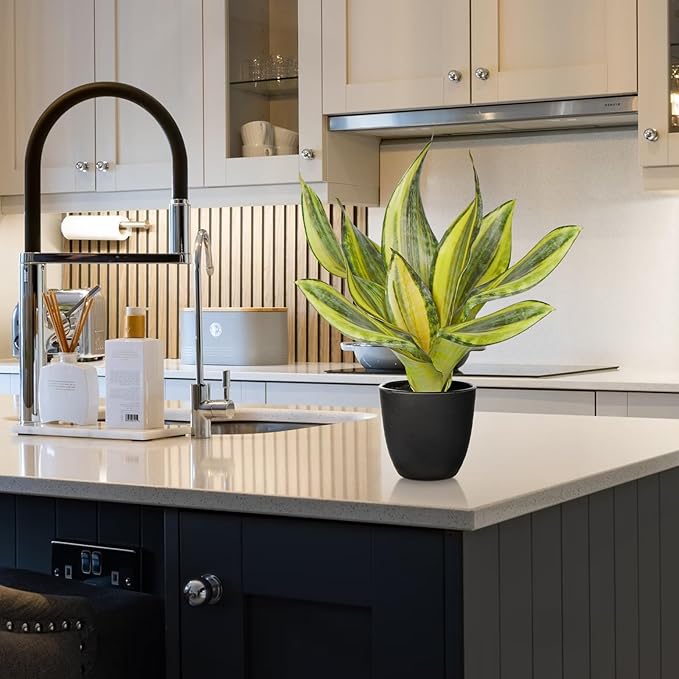 Fake Plant 11.22 Inch Fake Snake Plant Artificial Plants Indoor Sansevieria Faux Plants with Black Pot Artificial Snake Plant for Living Room Bathroom Office Table Centerpieces Shelf Home Decor