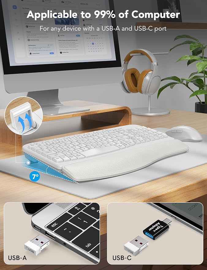 SABLUTE Wireless Keyboard and Mouse Combo, Ergonomic Wave Keys, Cushioned Plam Rest, Comfortable Silent Natural Typing, 2.4G Lag-Free, Full Size Keyboards Cordless Set for Multi-OS, Windows/Mac, White