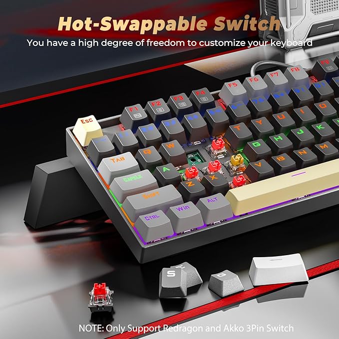 Redragon K552 Mechanical Gaming Keyboard, 87-Key Compact, LED Gaming Keyboard with Red Switches, Anti-Ghosting, Metal Frame for PC Gaming & Typing, Beginner-Friendly (Eclipse Gilded)