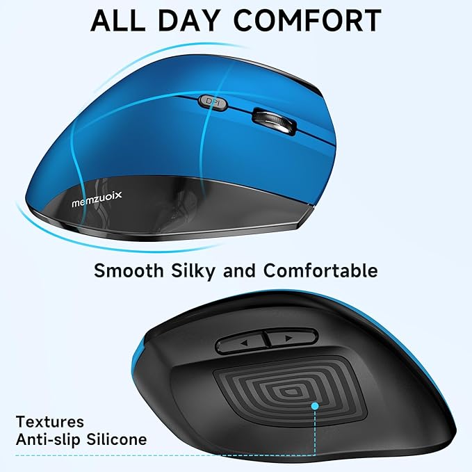 memzuoix Ergonomic Vertical Wireless Mouse - 2.4G Optical Cordless Mice with 3 DPI Levels (800/1200/1600) - Right-Handed Large Size Mouse for Laptop, Mac, PC, Desktop-Blue