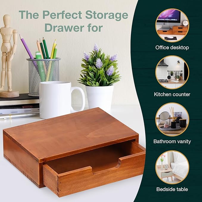 Single Drawer Desktop Storage Organizer in a Modern Wood Design (9.8”x6.9”x 2.8”) Wooden Stackable Drawer Unit - Single Monitor Riser (1-Pack)