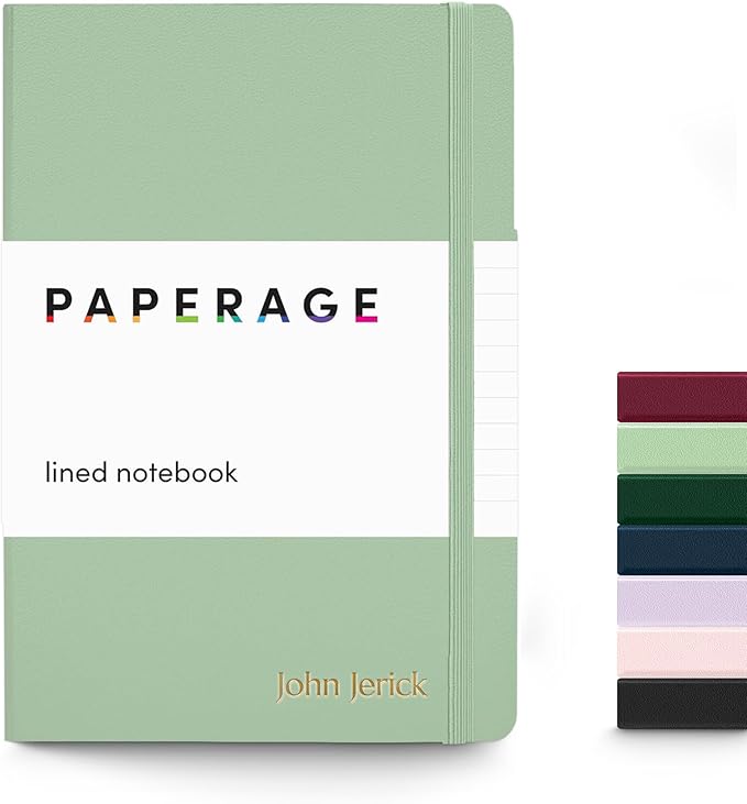 PAPERAGE Personalized Lined Journal Notebook for Writing - Customizable Text in Embossed Metallic Gold Foil, 160 Pages, 100 GSM Thick Paper, Leather Hardcover, 5.7 inches x 8 inches, Sage