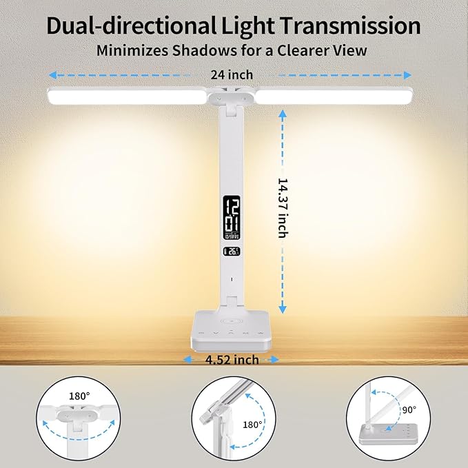 LED Desk Lamp with Wireless Charger, USB Charging Port, Dual Swing Arm Desk Light with 5 Brightness, 3 Colors, Table Lamp with Clock, Alarm, Date, Temperature, Desk Lamp for Home Office Study (White)