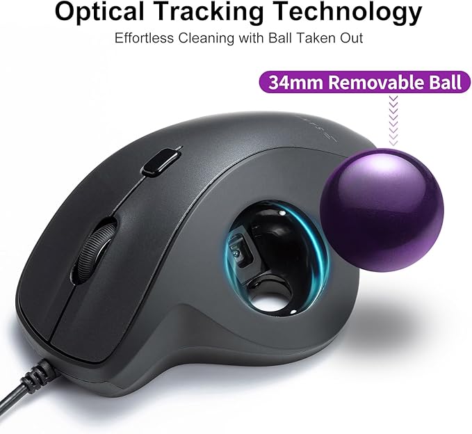 SANWA Wired Ergonomic Trackball Mouse, Optical Vertical Rollerball Mice, Silent Buttons, 34mm Trackball, 600/800/1200/1600 DPI, Compatible with MacBook, Laptop, Computer, Windows, macOS, Purple