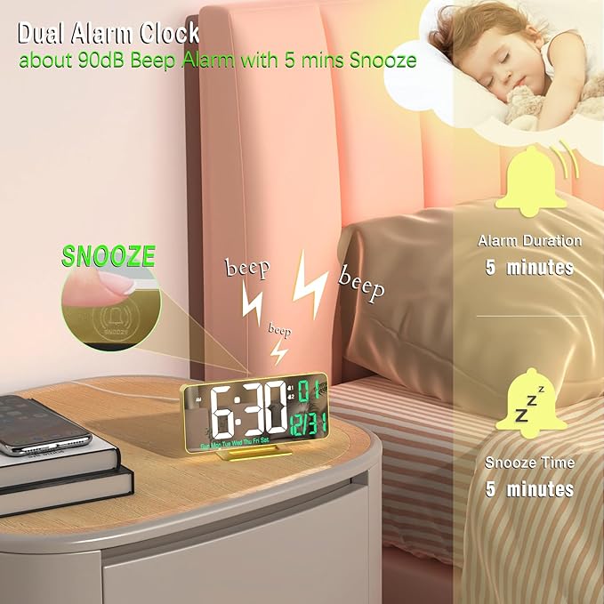 KOSUMOSU Desk Clock for Bedroom Accessories 6.7in Gold Digital Alarm Clock with Dimming,12/24h, Date, Day of Week, Temp, LED Clock, Modern Digital Calendar Clocks for Living Room Essentials