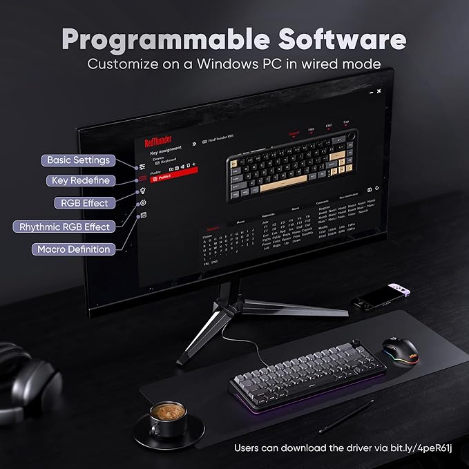 RedThunder K65 Wireless Mechanical Gaming Keyboard, Trip-Modes Connection, Gasket Custom Hot-Swap Keyboard, RGB Backlit, Pre-lubed Linear Switches, Side Printed PBT Keycaps, Gradient Gray