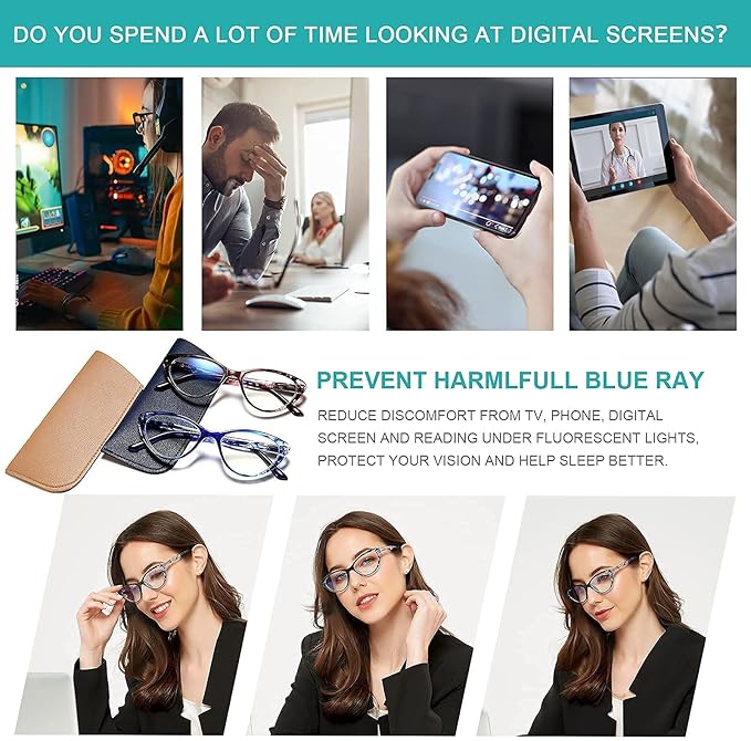 EYEURL Cat Eye Reading Glasses for Women 2 Pair Blue Light Blocking Readers 2.75 Comfort Spring Hinge Lightweight Eyeglasses Anti Glare for Ladies