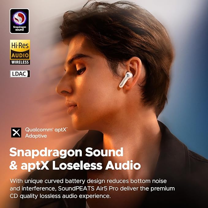 SoundPEATS Air5 Pro Adaptive Hybrid Noise Cancelling Wireless Earbuds, Qualcomm Snapdragon Sound, aptX™ Lossless, LDAC LE Hi-Res Audio, 6 Mics AI CVC 8.0 Call, 37H Playtime, IPX5 Waterproof, BT 5.4