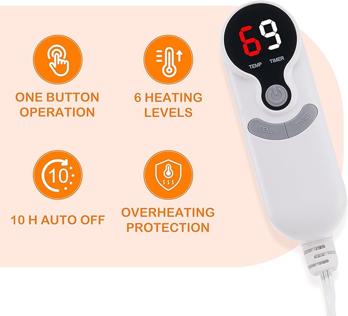 Electric Heated Blanket 6 Heating Settings & 10H Auto Off Full 72×84 Ultra-Soft Warm Machine Washable Home Office Light Gray