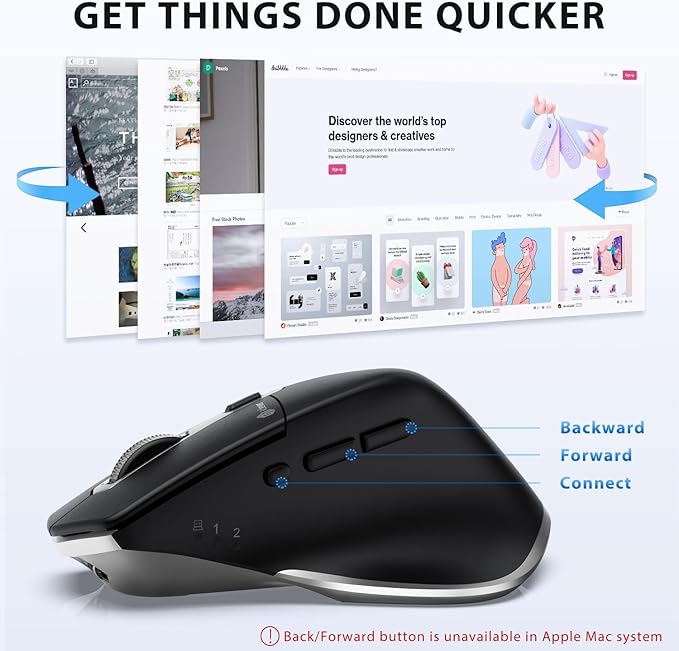 iClever Bluetooth Mouse, Wireless Large Mouse, Multi-Devices Dual Mode, Ergonomic Mice with 5 Adjustable DPI and 7 Buttons, Rechargeable Silent Mice for Laptop, iPad, MacBook, Tablet, PC, Black Grey