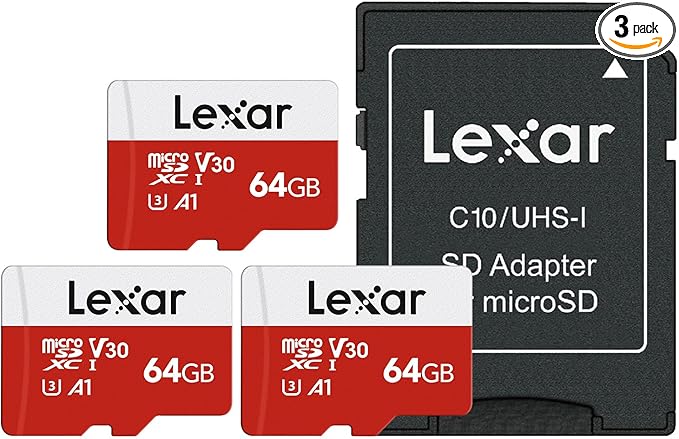 Lexar E-Series 64GB Micro SD Card 3 Pack, microSDXC UHS-I Flash Memory Card with Adapter, 100MB/s, C10, U3, A1, V30, Full HD, 4K UHD, High Speed TF Card