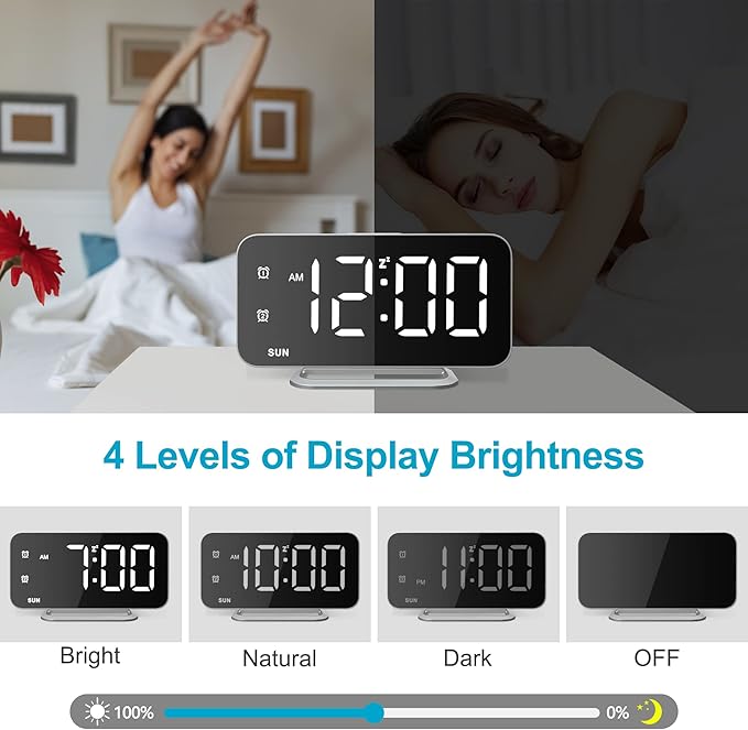Slim LED Digital Alarm Clock, Mirror Surface for Makeup, with Diming, Large Display, Easy Setting, USB Ports, Modern Decor for Bedroom, Desk, Xmas, Birthday Gift for Women, Sister, Teen Girl, Silver