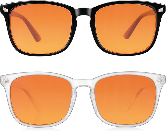 2 Packs Professional Sleep Glasses with 98.7% Blue Light Blocking Dual AR Coatings Amber Lens, Computer Gaming Glasses for Men Women, Anti Fatigue & Eye Strain