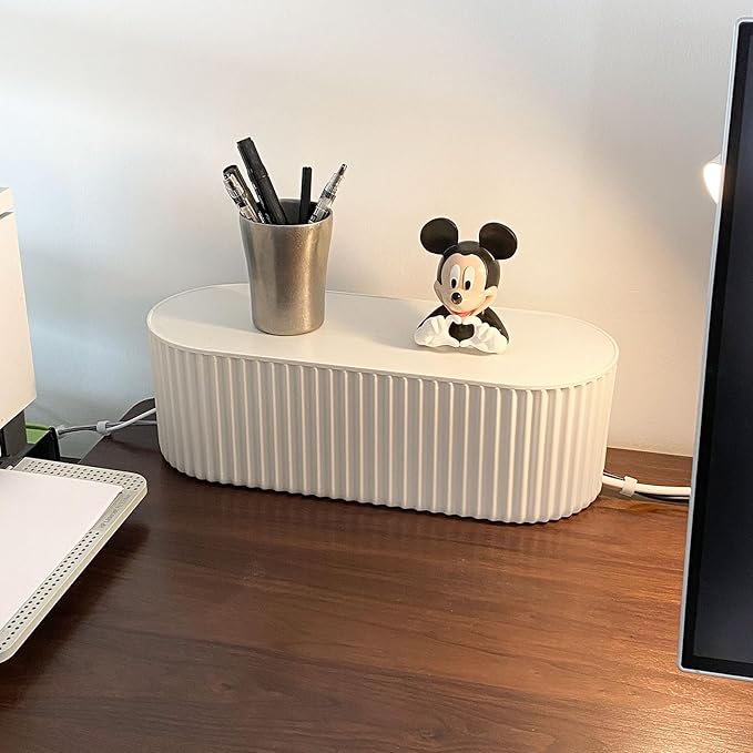 2 Pack White Cable Management Box, Plastic Cord Organizer Box Under Desk, Power Strips Hider for Home Office, Phone Charger, Electronics Wires, Surge Protector Cover Bin (Large)