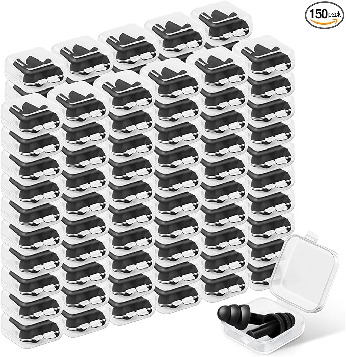 Tondiamo 150 Pairs Ear Plugs Bulk Individually Wrapped Silicone Ear Plugs with Carry Case Soft Reusable Noise Cancelling Earplugs for Sleeping Swimming Concerts Shooting Noise Reduction(Black)