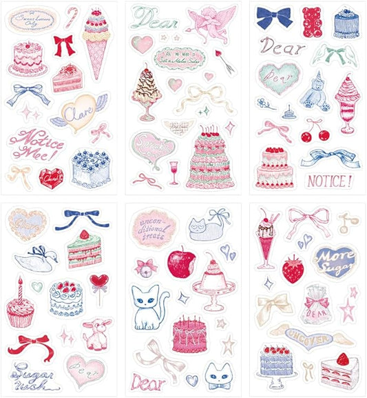 Monolike Dear Sweet Theme Sticker 6P Set - Aesthetic Removable Stickers for Journaling, Scrapbooking, Multicolor, Size: 4.33 x 5.51 inches