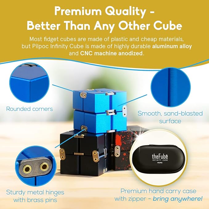 PILPOC theFube Infinity Cube Fidget Desk Toy - Aluminum Infinite Magic Cube with Case, Sturdy, Heavy, Relieve Stress and Anxiety, for ADD, ADHD, OCD (Blue)