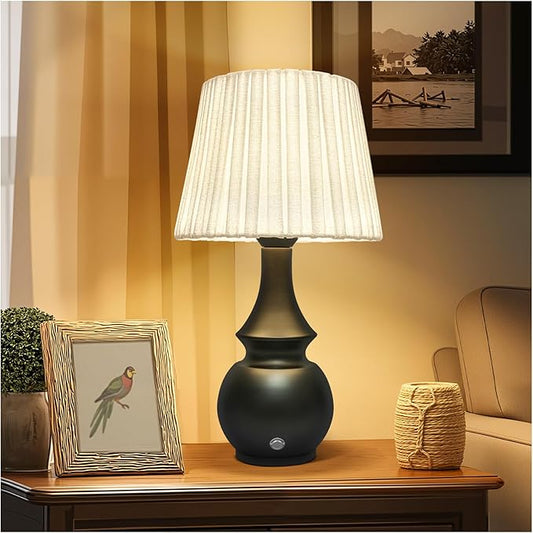 Black Cordless Lamp, Bedside Night Light, 4400mAh Battery Operated Lamp, Touch Lamps for Nightstand with Linen Shade, Rechargeable Table Lamp for Living Room,Dining,Office(Bulb Included)