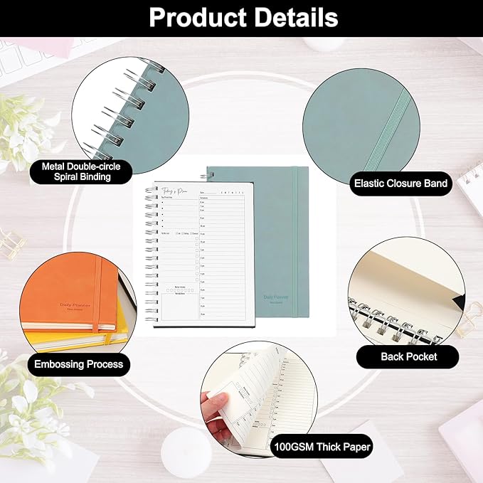 PATIKIL Undated Daily Planner with Hourly Schedule, A5 5.5"x 8.5" To-Do List Hard Cover Spiral Notebook Appointments Planner with Inner Pocket to Organize Daily Tasks Agendas, Haze Blue