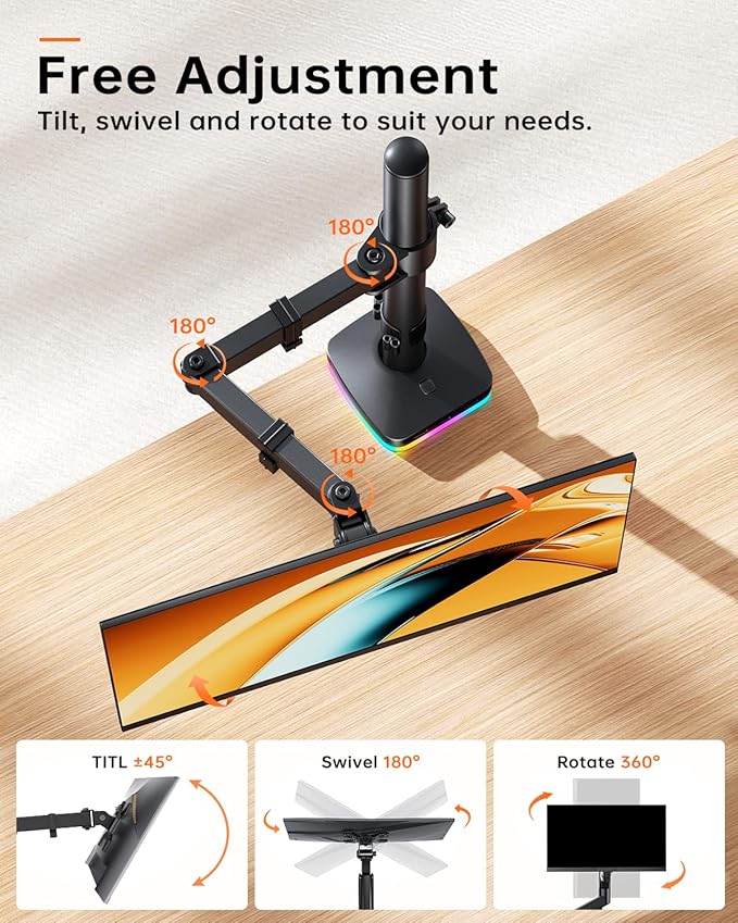 RGB Single Monitor Stand, Fully Adjustable Monitor Desk Mount Sturdy Stepped Arm Design up to 17.6lbs Desk Mount withRGB USB & USB-C High Speed Data Transfer C-Clamp 75x75/100x100 VESA